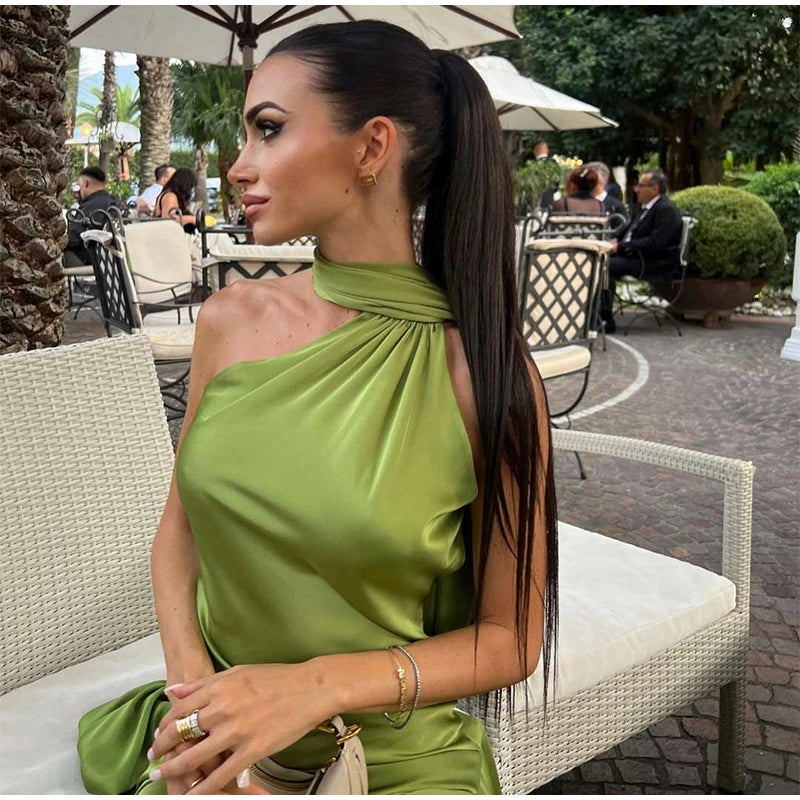 Sexy Satin Halter Backless Party Dress – Off Shoulder Sleeveless Solid Robe Gown 2026