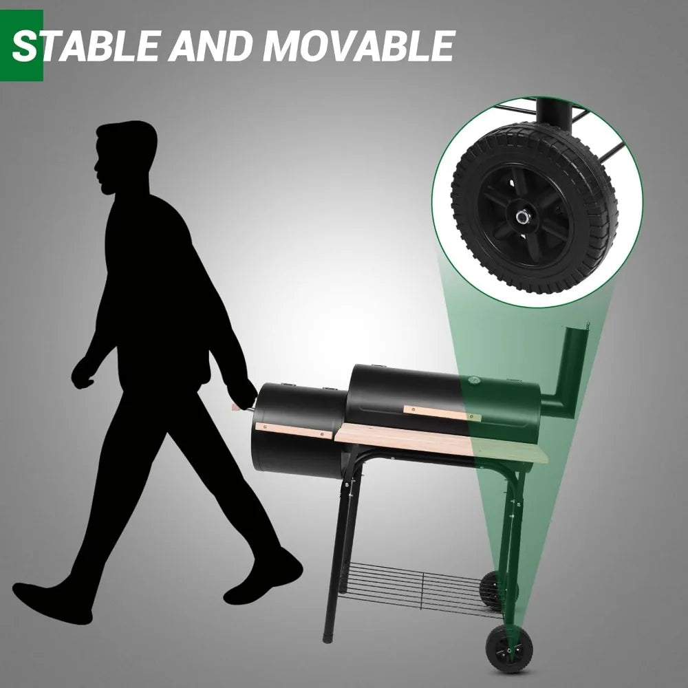 Portable Outdoor Barbecue Grill with Offset Smoker | Alloy Steel, Lid Thermometer, Wooden Handle, Wheels & Storage Tray, Patio, Picnics & Camping