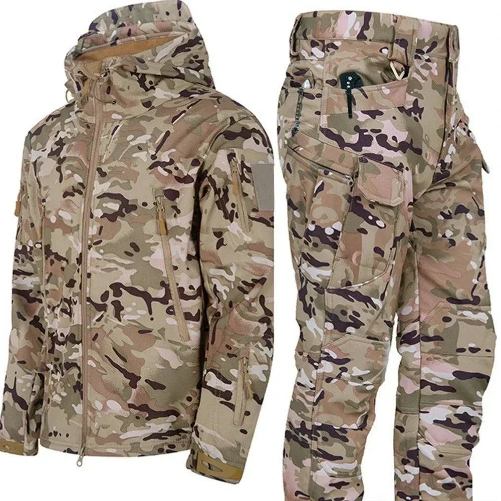 Men's Camo Waterproof Tactical Jacket & Fleece Pants Set – Winter Hunting Outdoor 2-Piece