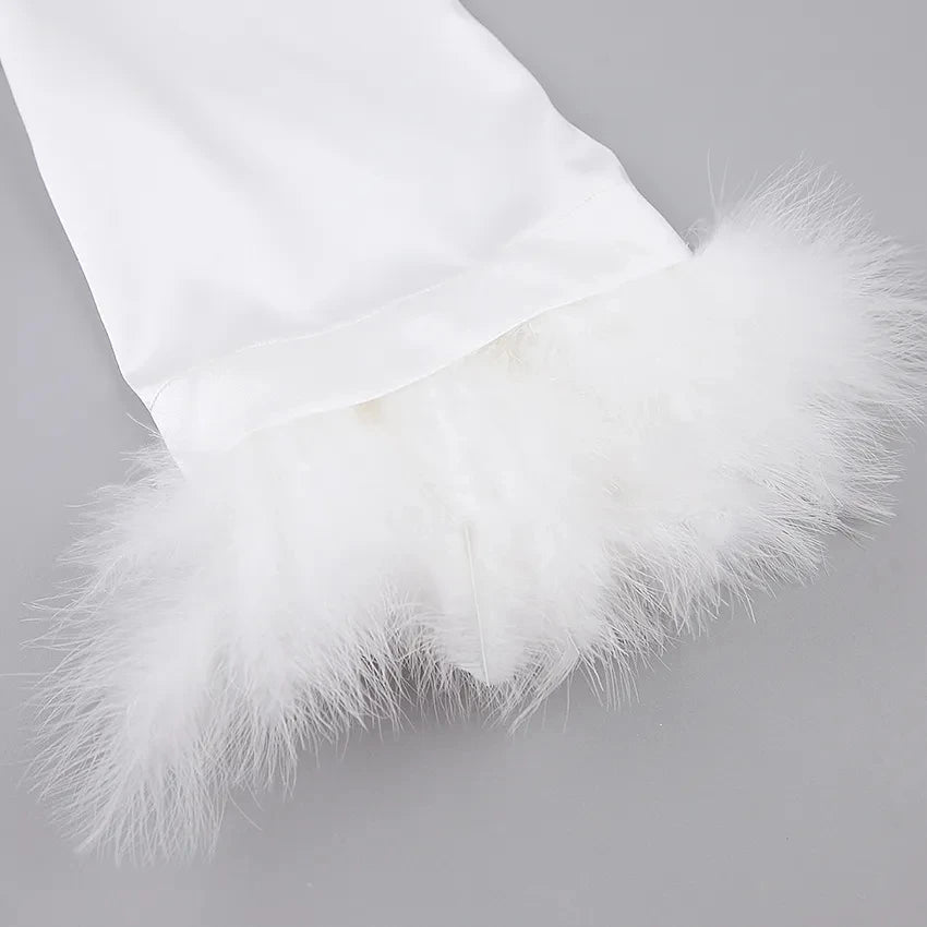 White Feather & Fur Trim Satin Robe | Bridal Nightgown Bathrobe for Women