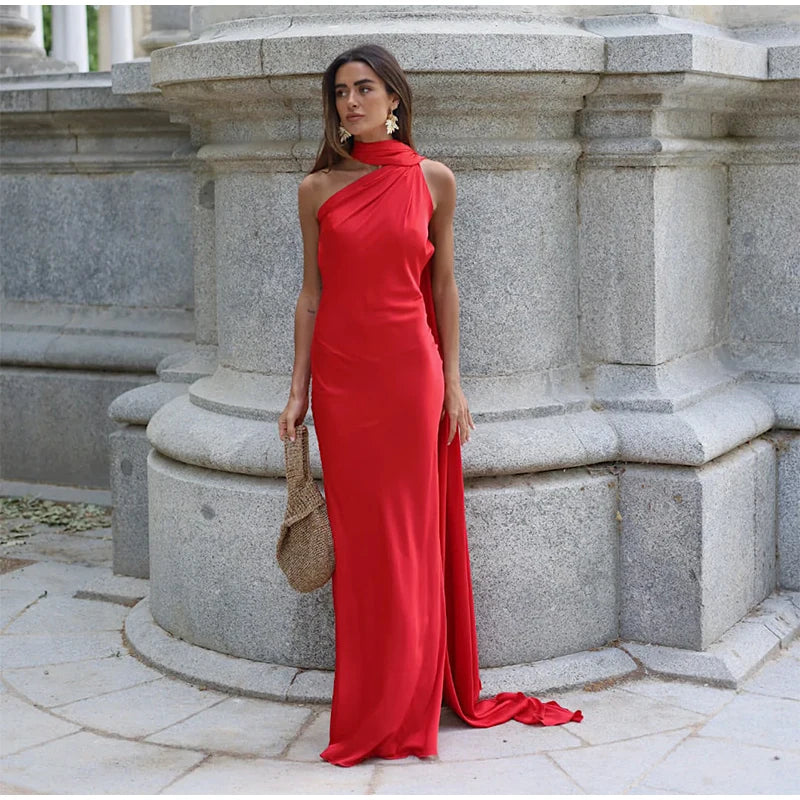Sexy Satin Halter Backless Party Dress – Off Shoulder Sleeveless Solid Robe Gown 2026