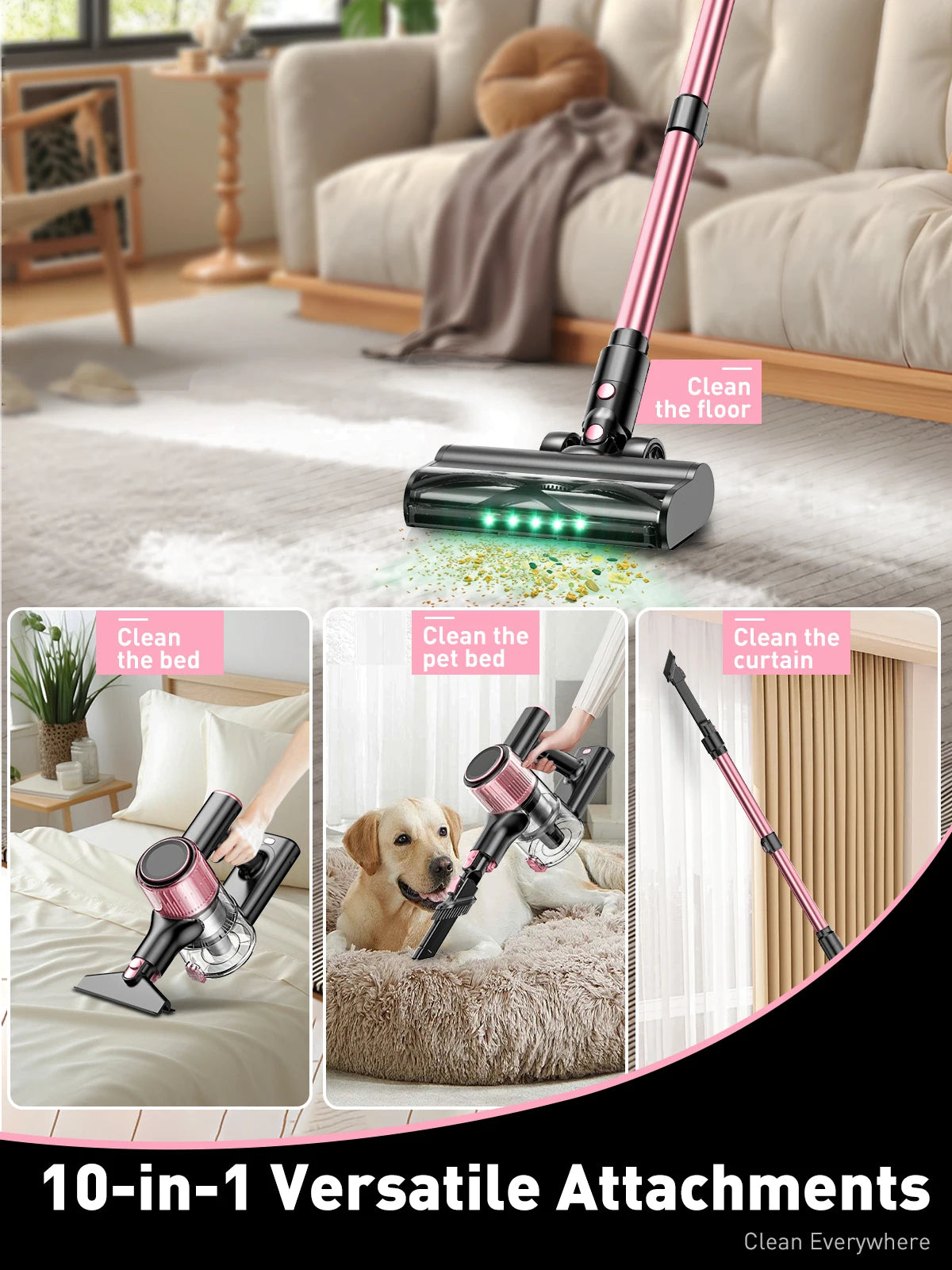 Cordless Vacuum Cleaner — 55Kpa / 500W / 45-Min Runtime, 10-in-1 Powerful Stick Vacuum for Home, Pet Hair, Hard Floor & Carpet