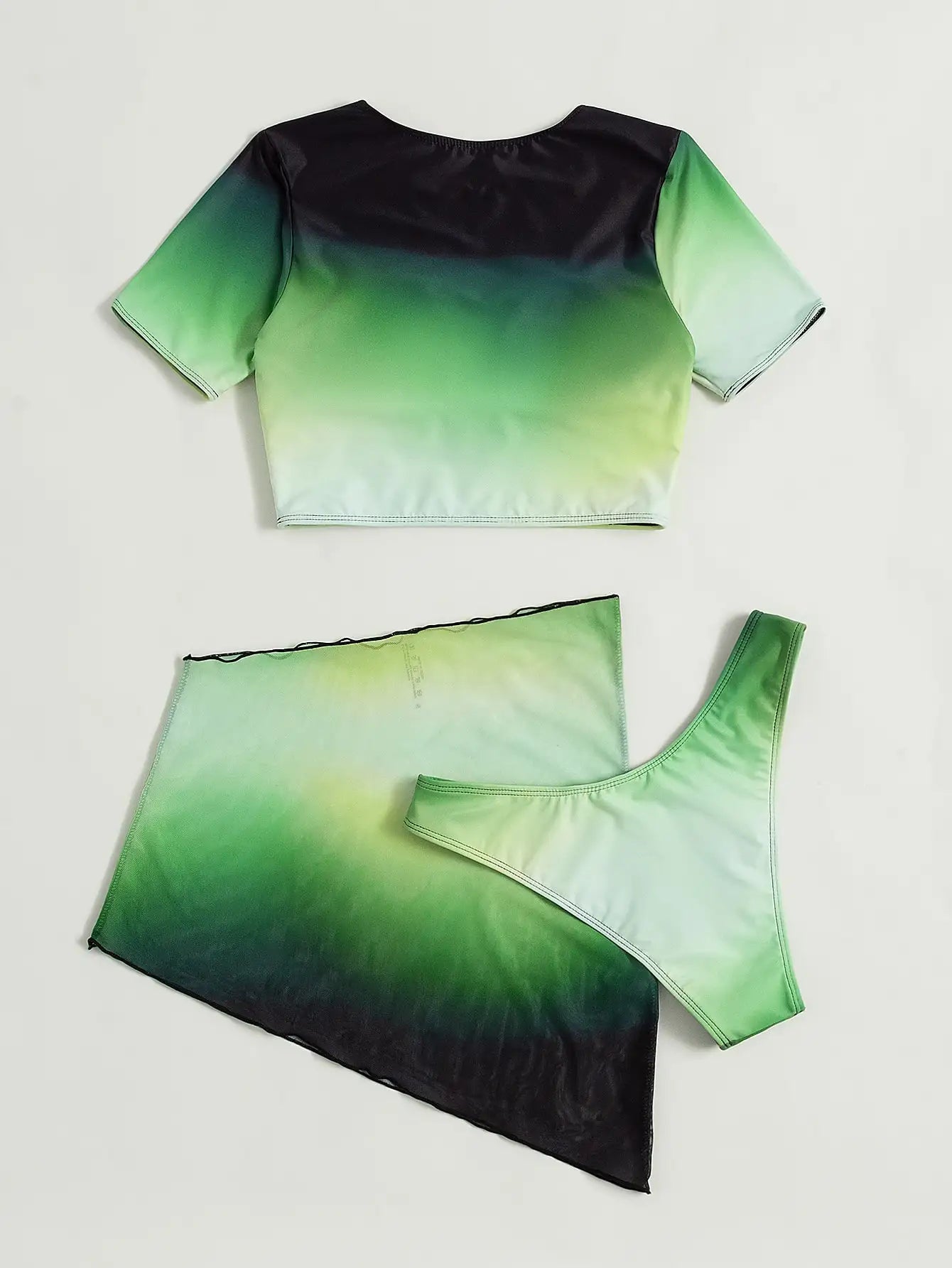 3-Piece Ombre High Neck Bikini Set with Beach Skirt — Green Women's Swimwear