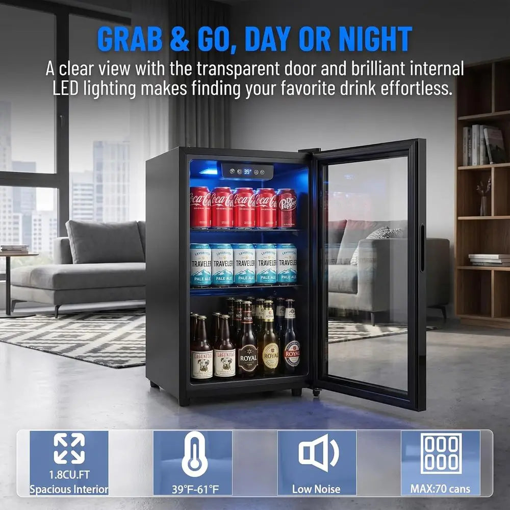 Compact 68-Can Beverage Refrigerator — Glass Door, Digital Control & Adjustable Shelves for Home or Dorm