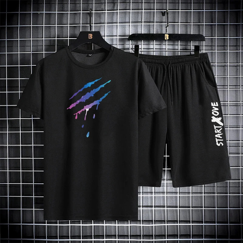 Men's Print Short Sleeve T-Shirt & Elastic Waist Shorts Casual Summer Set