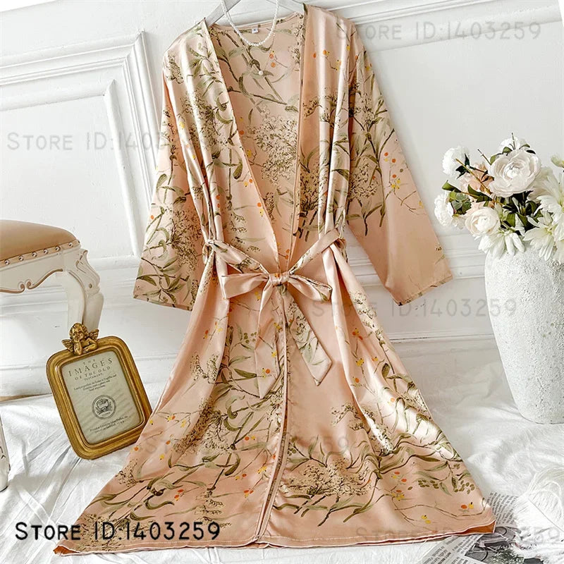 3-Piece Floral Kimono Robe & Pajama Set — Satin Loungewear