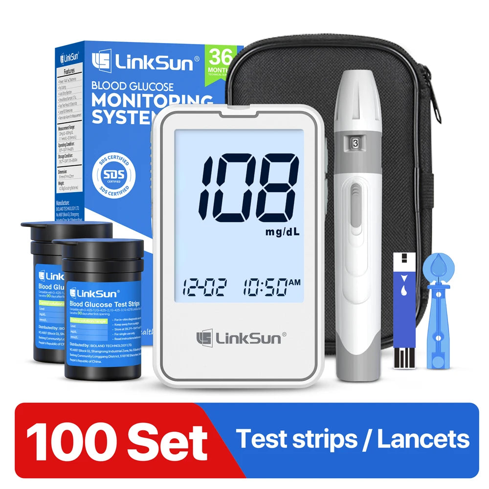 LinkSun G-425-2 Blood Glucose Meter Complete Kit – No Coding Glucometer with Test Strips & Lancets for Diabetes Monitoring