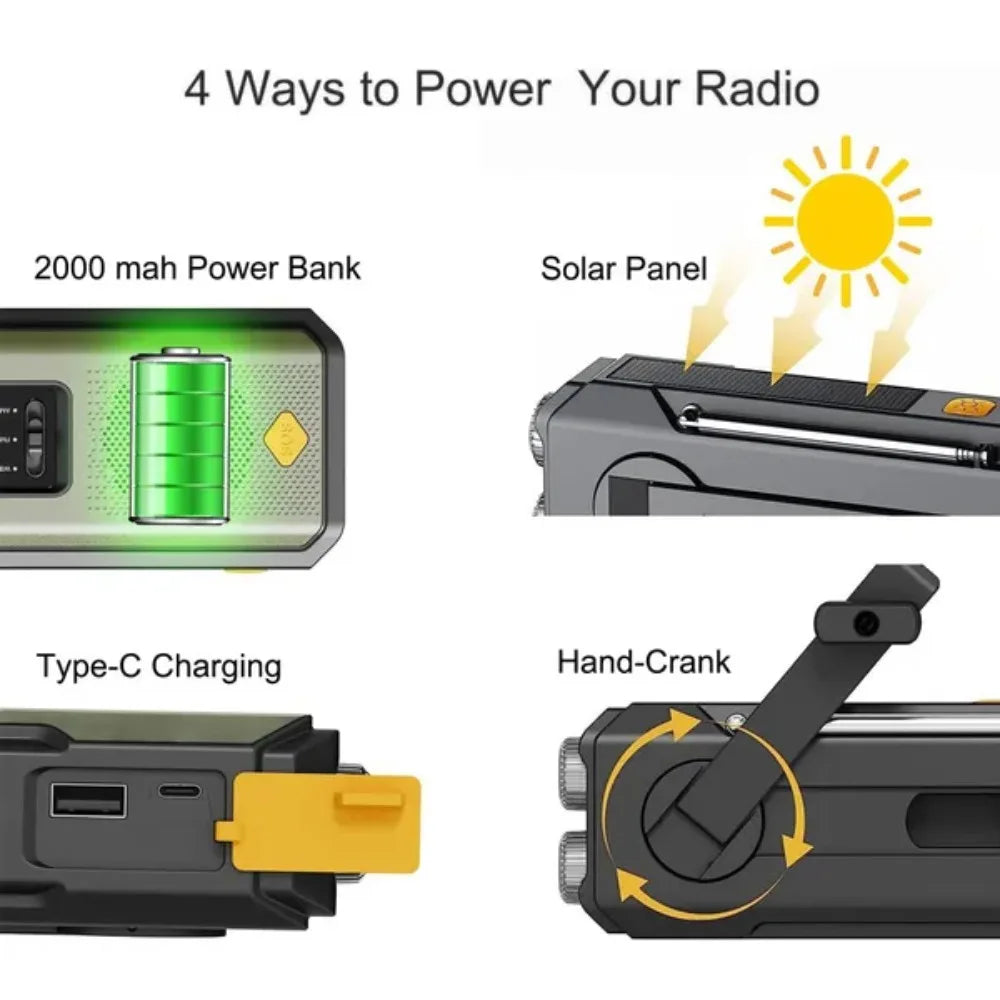 Emergency Weather Radio — FM/AM/WB, Hand Crank Solar, 2000mAh Power Bank & LED Flashlight