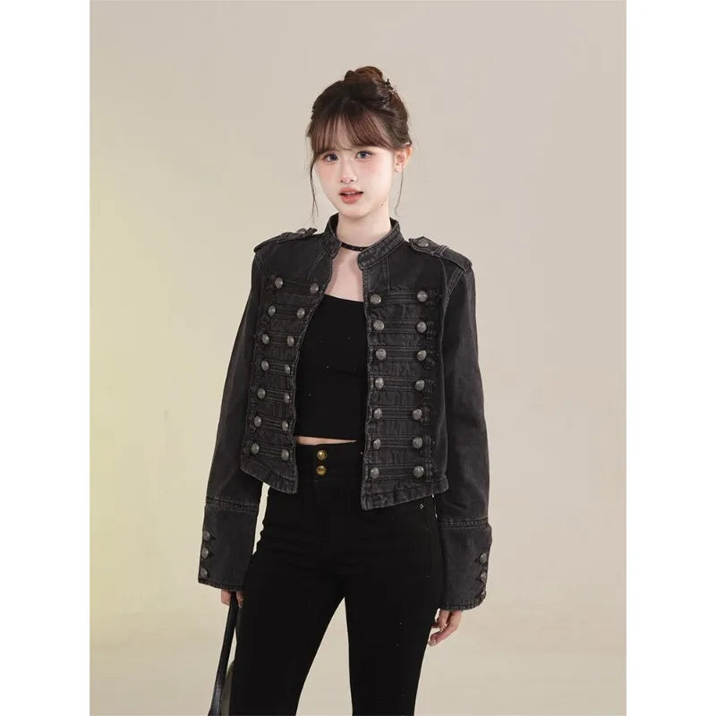 Women's Retro Button Slim Stand Collar Denim Jacket – Short Jean Coat in Black
