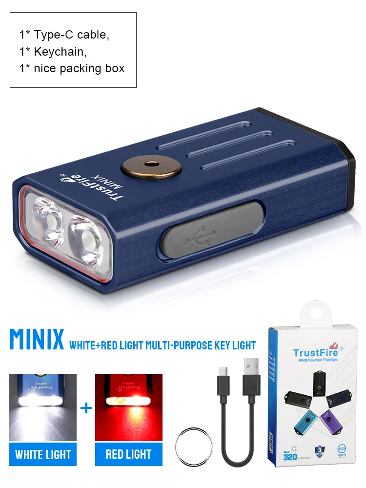 TrustFire MINIX – 320 Lumen Dual-Source Keychain EDC Flashlight, White + UV/Red, Type-C, IP66, Memory Mode