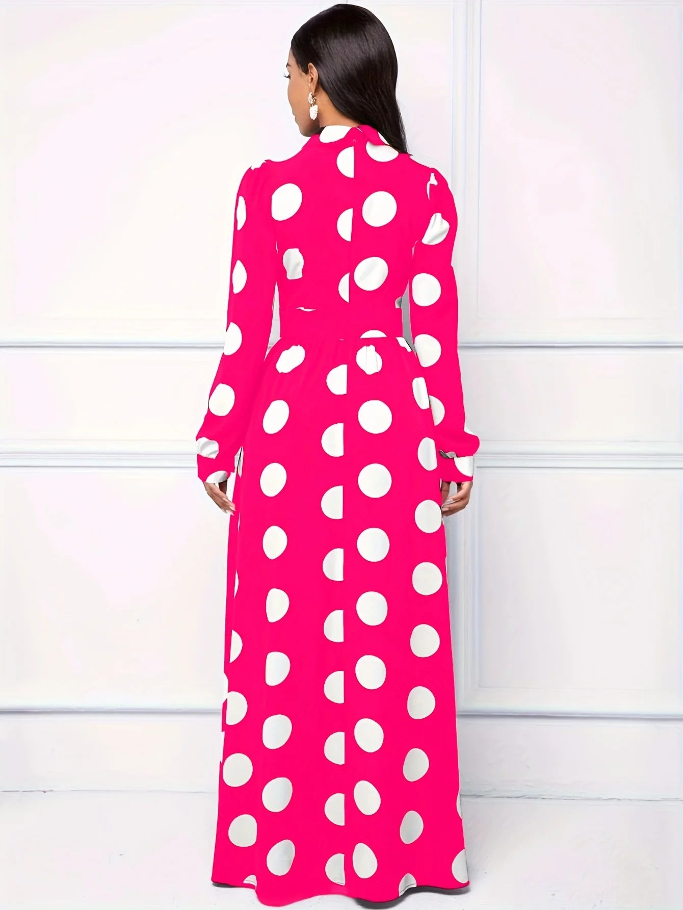 Bow Knot Polka Dot Maxi Dress — Long Sleeve Elegant Casual Lady Dress