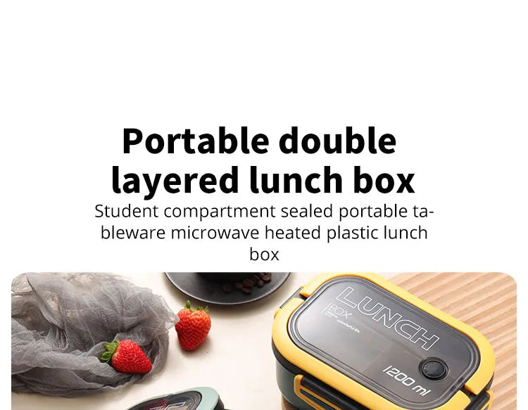 Portable double-layered lunch box with text on a white background