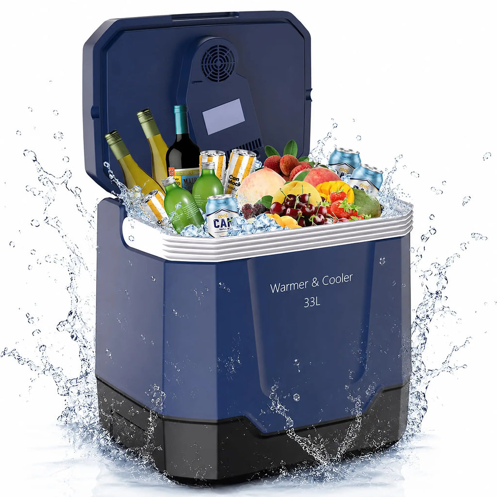 35QT Electric Cooler — Portable Car Refrigerator & Plug-In Cooler with 12V DC & AC Power, Locking Handle for Camping, Road Trips & Home Use