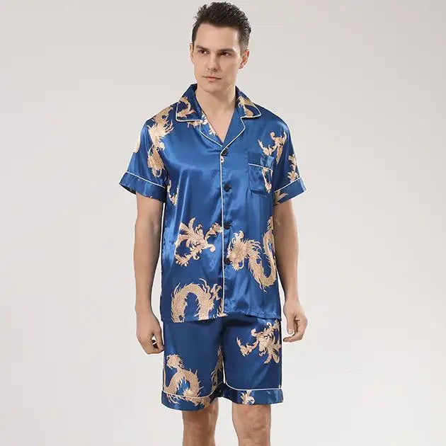 Men's Dragon Print Satin Pajama Set — Lapel Shirt & Shorts