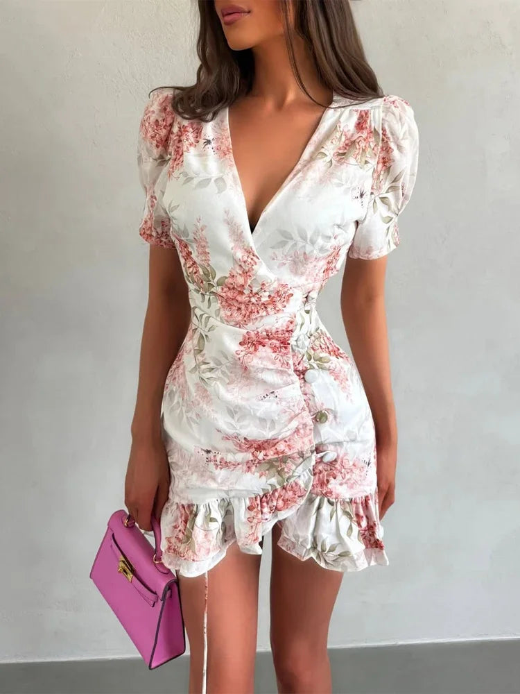 Women's Floral Ruffle Slim Dress – Deep V-Neck Double Layered Ruffled Hem Party & Daily Gown