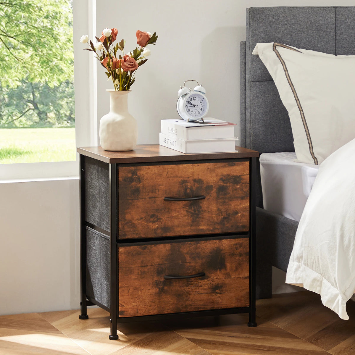 JHK Nightstand & Bedside Table – 2 Fabric Drawers, Storage Cabinet for Bedroom, Coffee & Sofa Side Table
