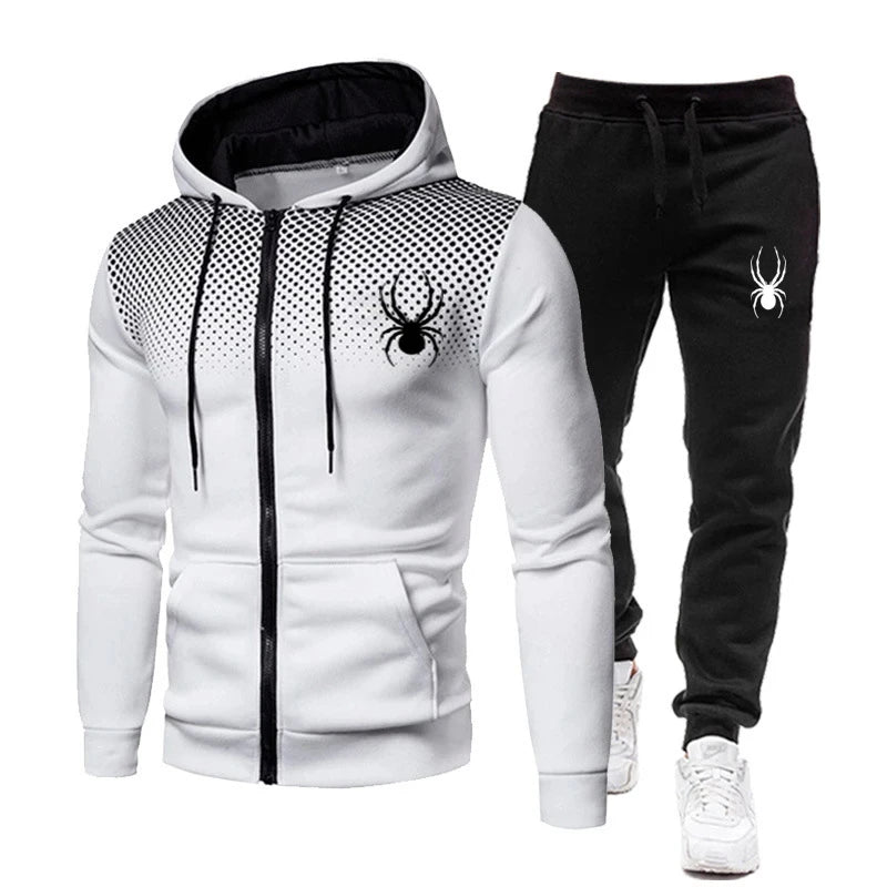 Men's Spider Print Zip-Up Hoodie & Stretch Jogger Pants Fitness Suit