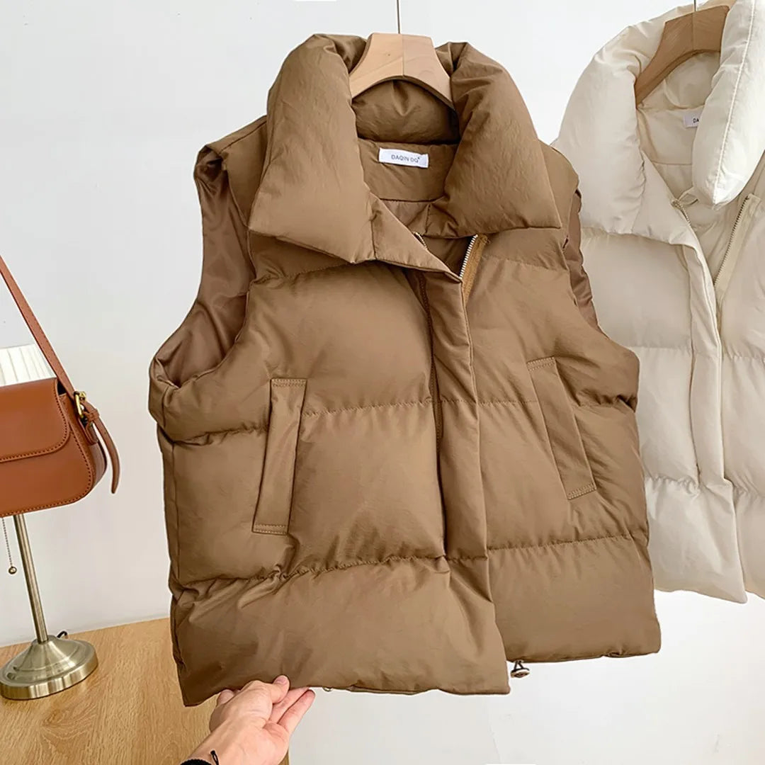 Women's Sleeveless Down Vest – Thick Zip-Up Adjustable Waist Winter Outerwear