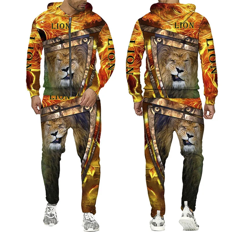 Men's 3D Lion Print Zip-Up Hoodie & Elastic Waist Pants Tracksuit Set