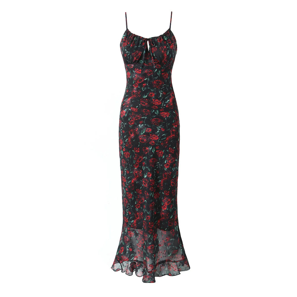 Vintage Floral Front Tie Bodycon Midi Dress — Sexy Elegant Black Summer Dress