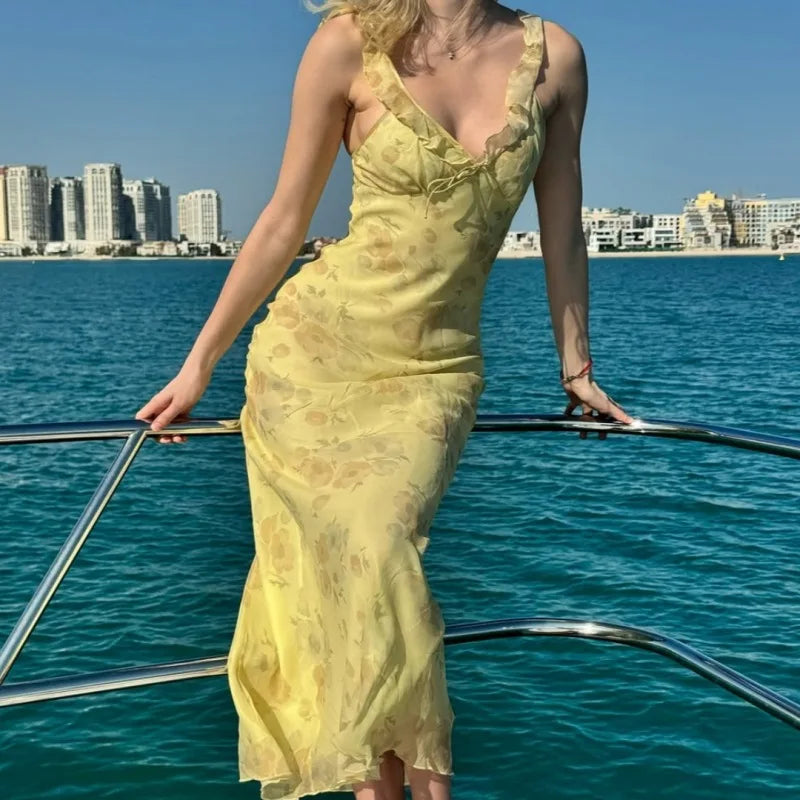 Floral Plunge Backless Maxi Dress — Sexy Fairy Beach Vacation Dress