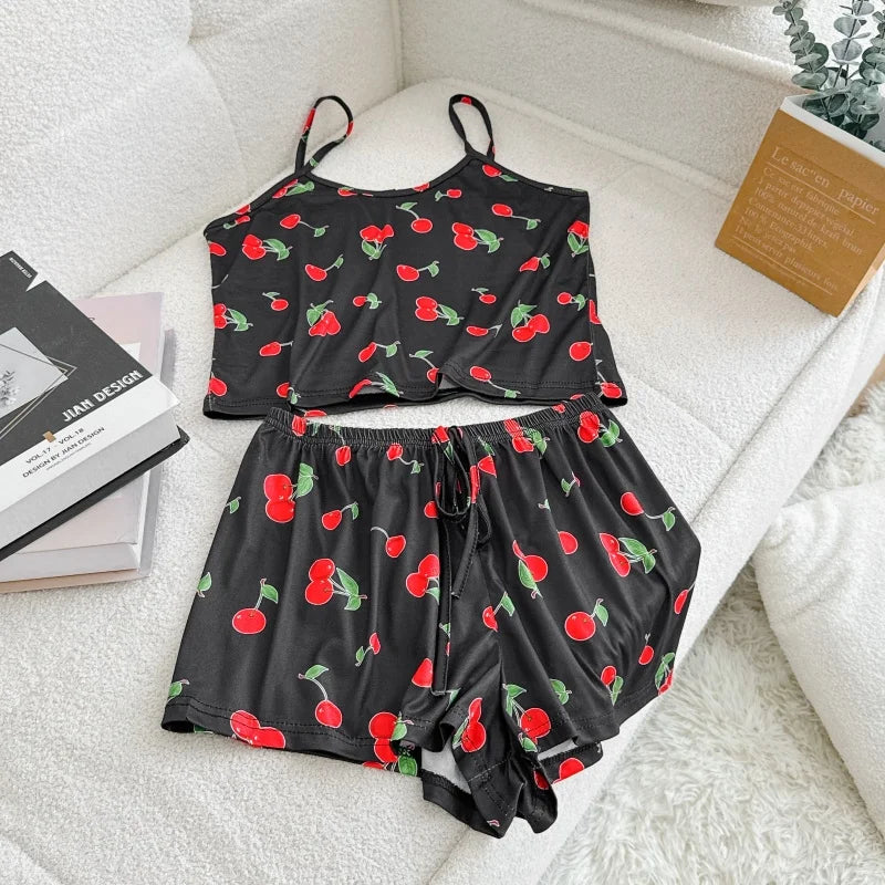 Women's Ice Silk Print Pajama Set | Round Neck T-Shirt & Shorts Breathable Homewear