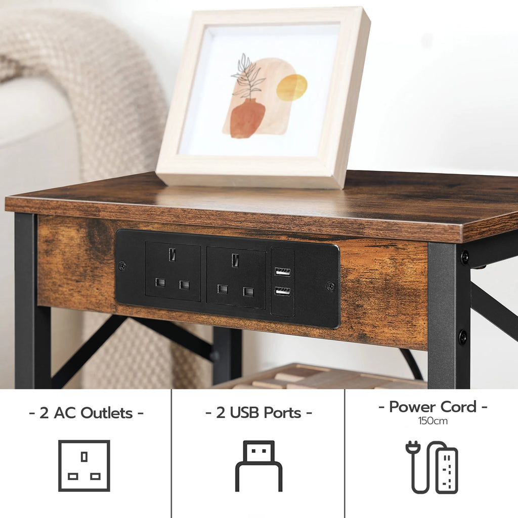 Bedside Nightstand with Built-In Charging Station — 2 AC Outlets & 2 Power Ports