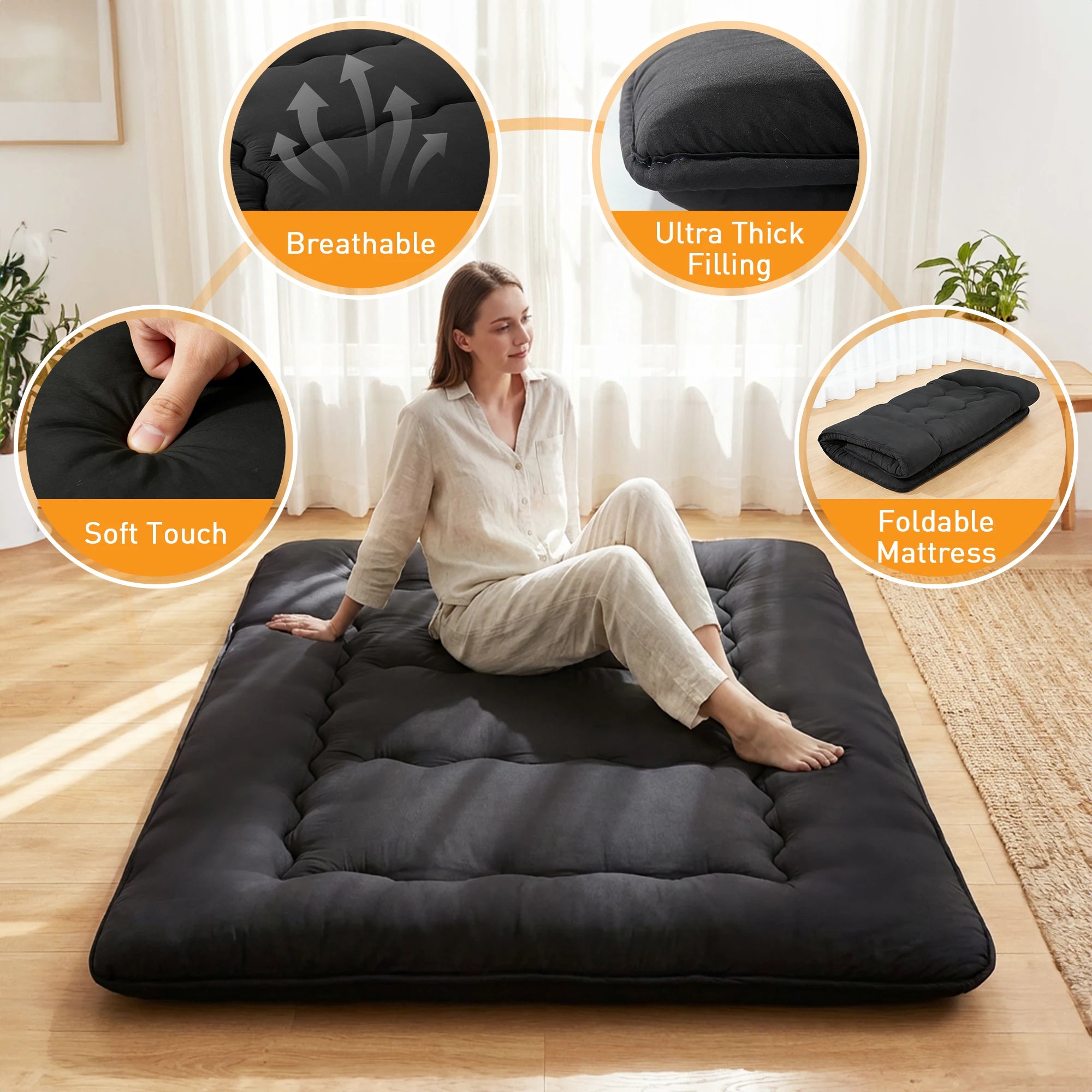 No More Back Pain — JHK 4" Soft Floor Mattress | 5-Layer High-Density Foam, Washable Cover, Foldable Twin Full Queen