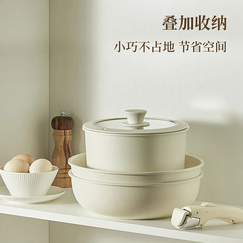 Nonstick Cookware Set – White, Detachable Handle