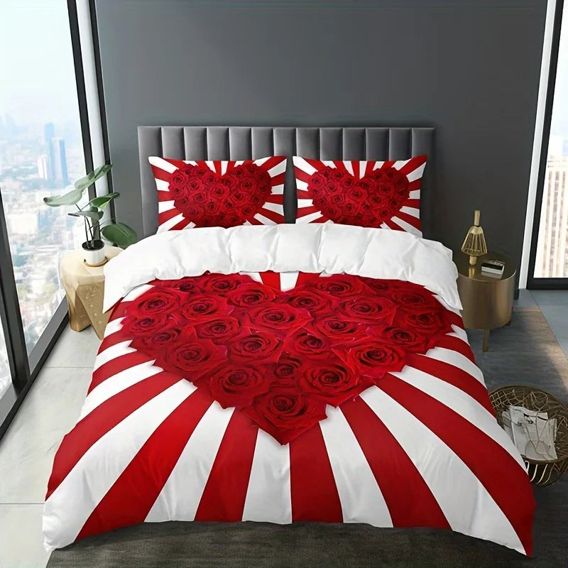 Dark Red & Black Letter Print Bedding Set – 3-Piece Duvet Cover, Queen & King
