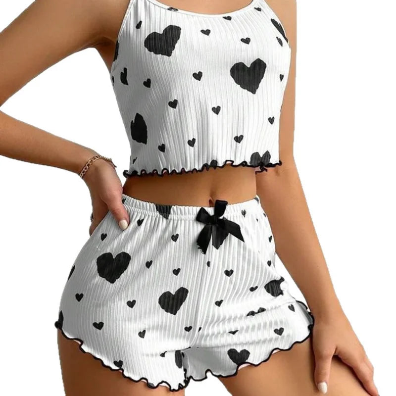 Women's Kawaii Y2K Lolita Heart Silk Pajama Set | Cami Top & Shorts Loungewear