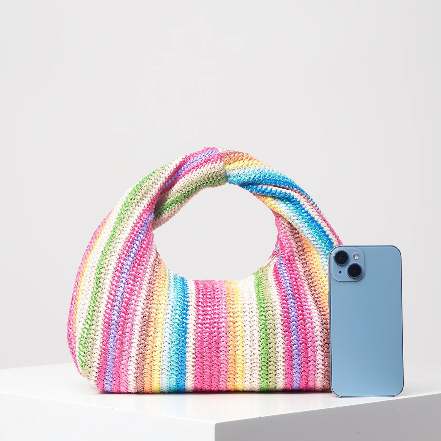 Colorful Ruched Striped Square Beach Bag – Summer Vacation Shoulder Bag for Women