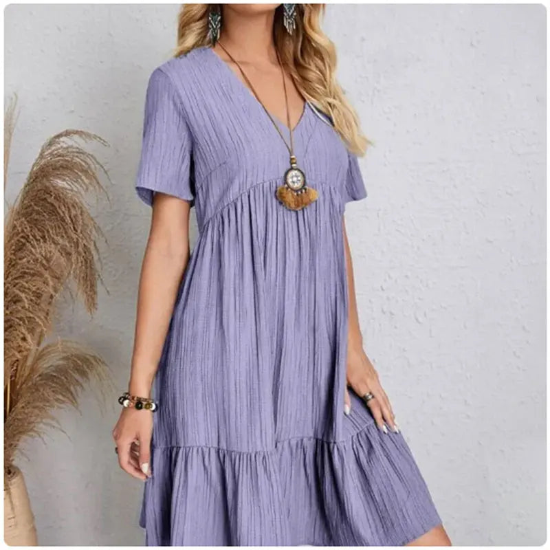 V-Neck Peplum Ruffle Dress — Short Sleeve Fit & Flare Summer Dress