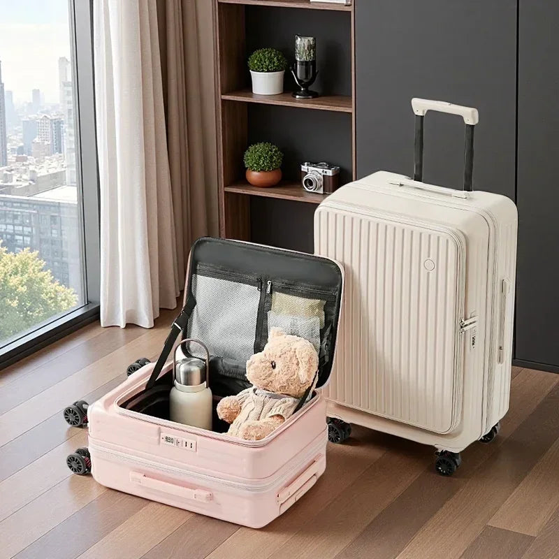 Expandable Front-Opening Suitcase – Cup Holder & Spinner Wheels