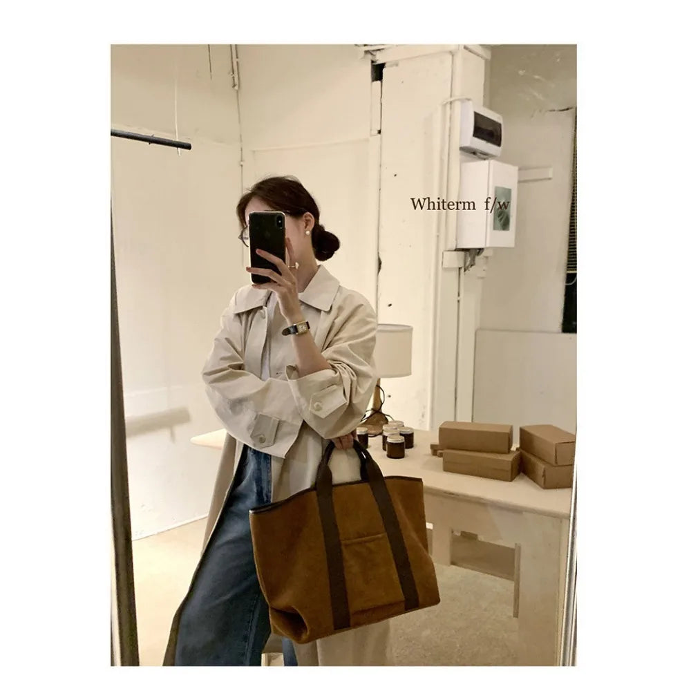 Large Capacity Retro Faux Suede Shoulder Tote Bag – Luxury Commuter Travel Handbag for Women