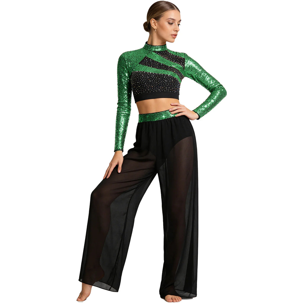 Women's Dance Performance Costume – Shiny Crop Top & Sheer Pants for Skating, Gymnastics & Ballet