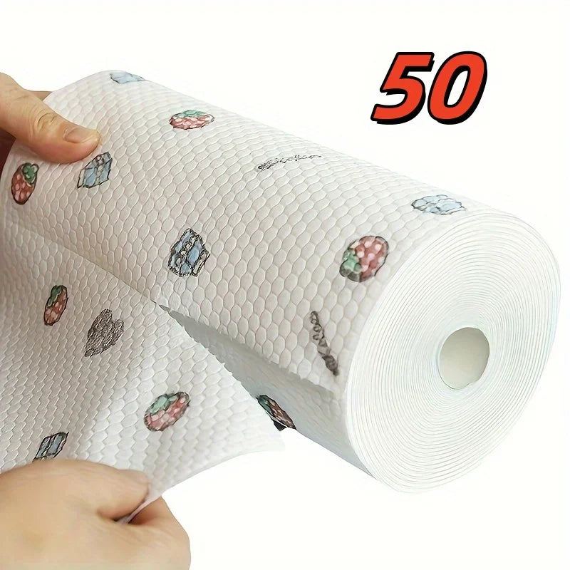 Wipe. Rinse. Reuse. — Absorbent Thickened Kitchen Dishcloth Roll | 50/100pcs, Dry & Wet Use, Non-Greasy, Cartoon Pattern, Wood Pulp Fiber