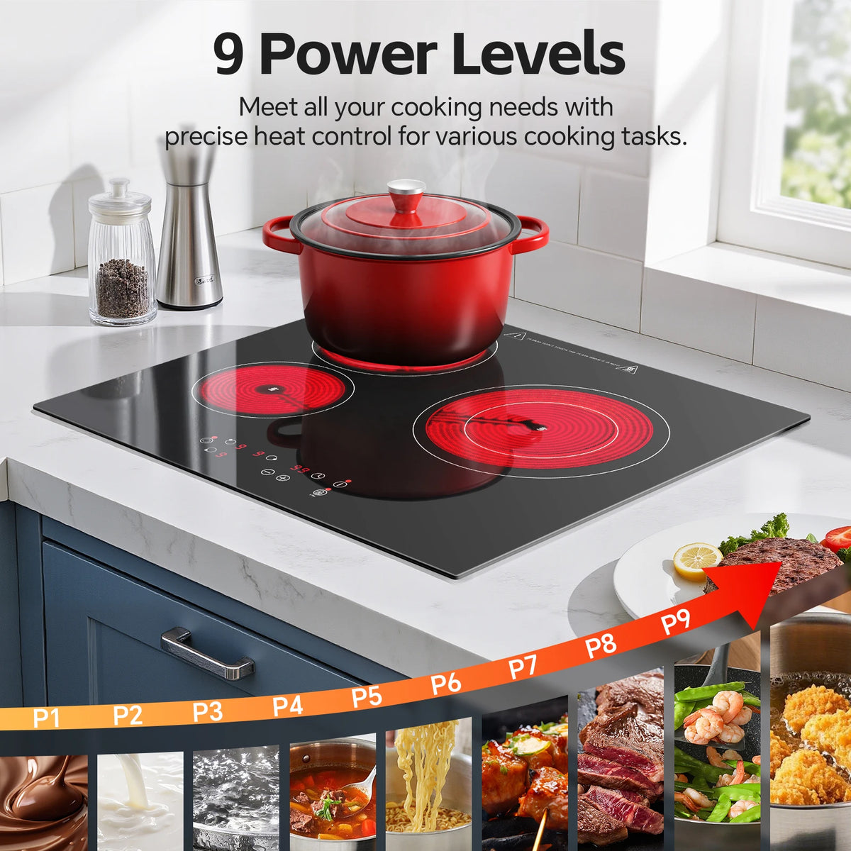 2-Zone Ceramic Hob – 3000W, Child Lock, 9 Heat Levels, 1-99 Min Timer, 60cm Black Glass (CE Certified)