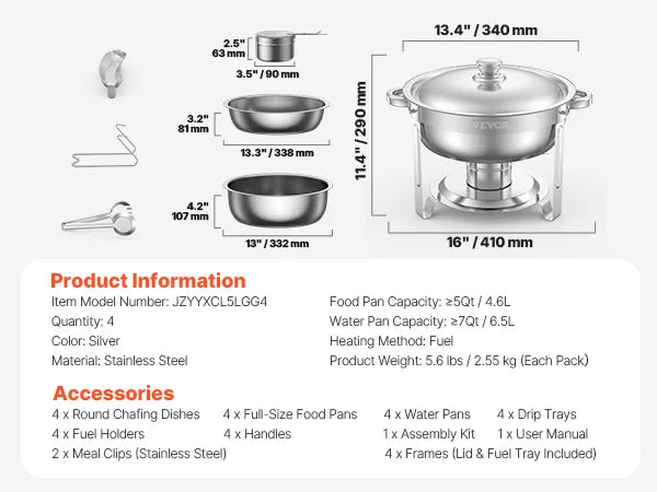 4-Pack Stainless Steel Chafing Dish Buffet Set – Full Size Catering Warmer for Parties