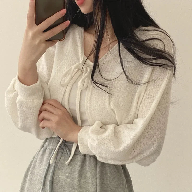 Women's Knitted Cardigan – Thin Lace-Up Lantern Sleeve Short Coat in White, Black & Gray