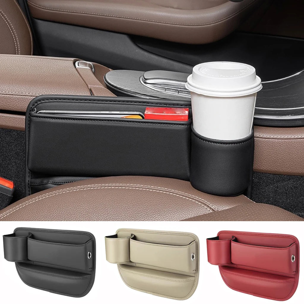 A car center console cup holder organizer shown installed in a real car interior, with a white takeaway coffee cup placed in the side pocket. Three smaller product color variants appear along the bottom: black, beige, and red.
