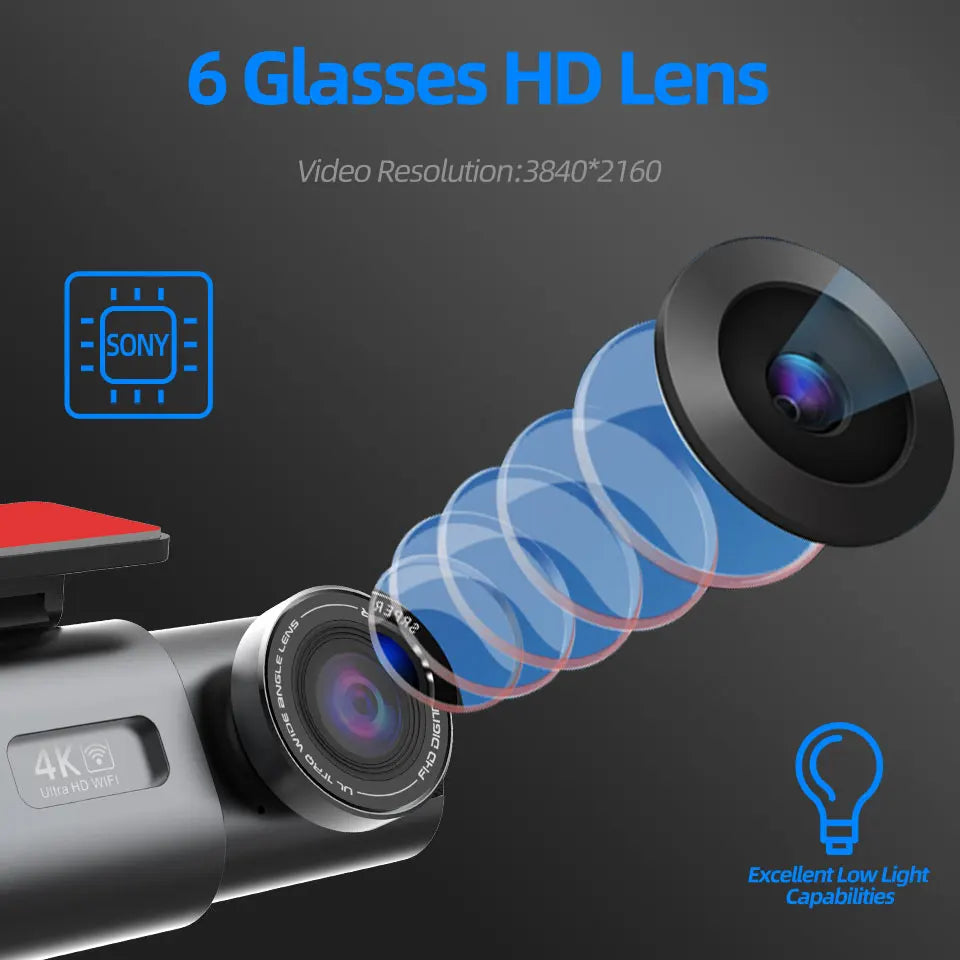 Dash Cam 4K UHD — Night Vision, Wi-Fi, GPS, 24H Parking Monitor, Front & Rear