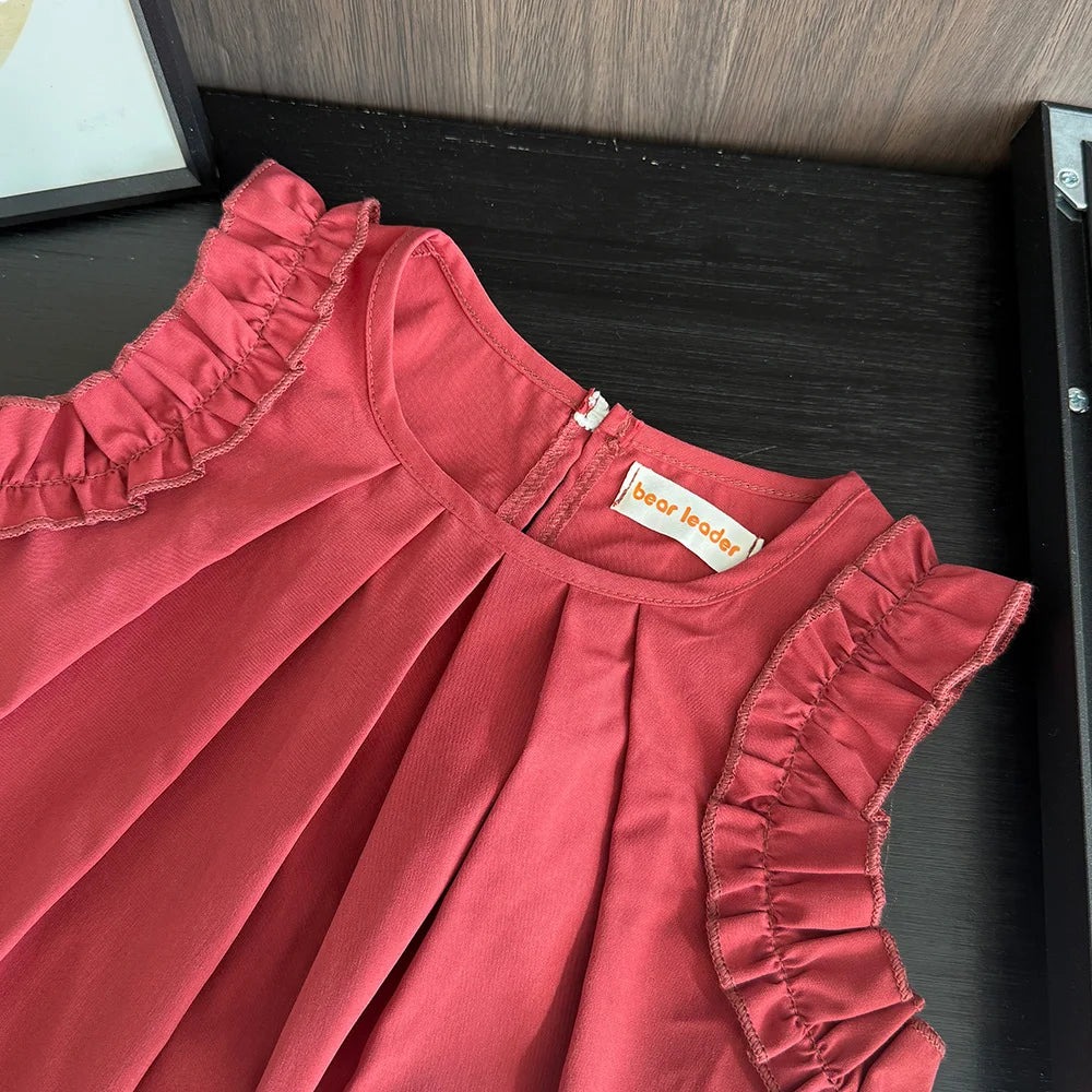 Korean Sleeveless Pleated Girls Dress — Solid Color Round Neck Summer Kids Dress