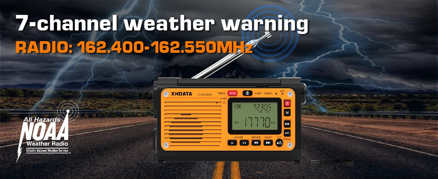 XHDATA D-608WB Emergency Crank Weather Radio — NOAA, Solar & Hand Crank Powered