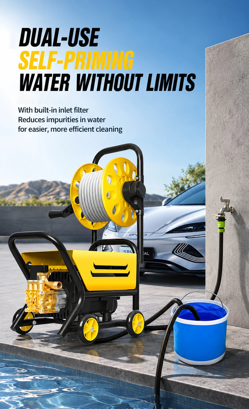 220V Household High Pressure Car Washer Portable Boost Water Gun with Roller Mobile Cleaning Machine for Car Yard Washing