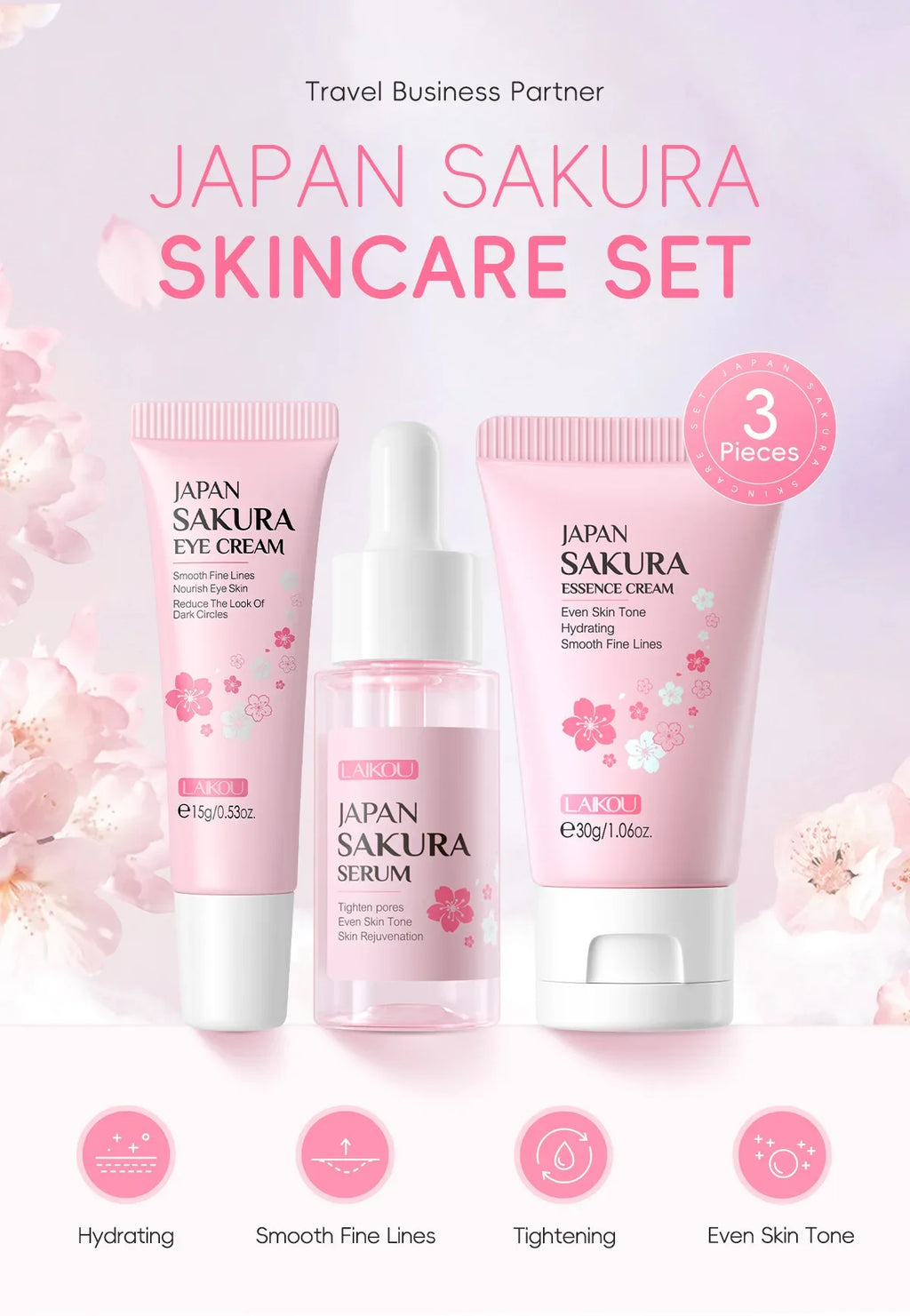 LAIKOU Sakura Skincare Gift Set – Brightening Serum, Eye Cream & Essence Cream 3-Piece Box