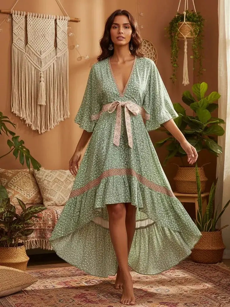 Bohemian Hollow Out Beach Dress — Short Sleeve High-Low Boho Maxi Dress