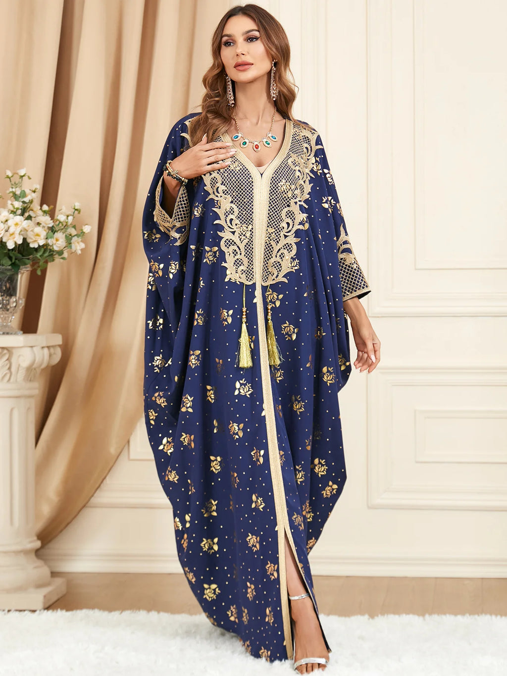 Muslim Abaya Bat Sleeve V-Neck Tassel Evening Dress — Loose Elegant Dubai Maxi Robe