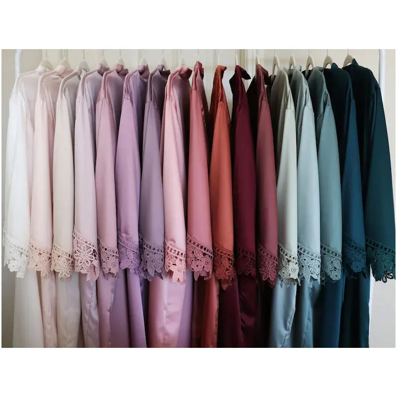 Bridesmaid Satin Lace Robe | Bridal Party Wedding Dressing Gown with Lace Trim