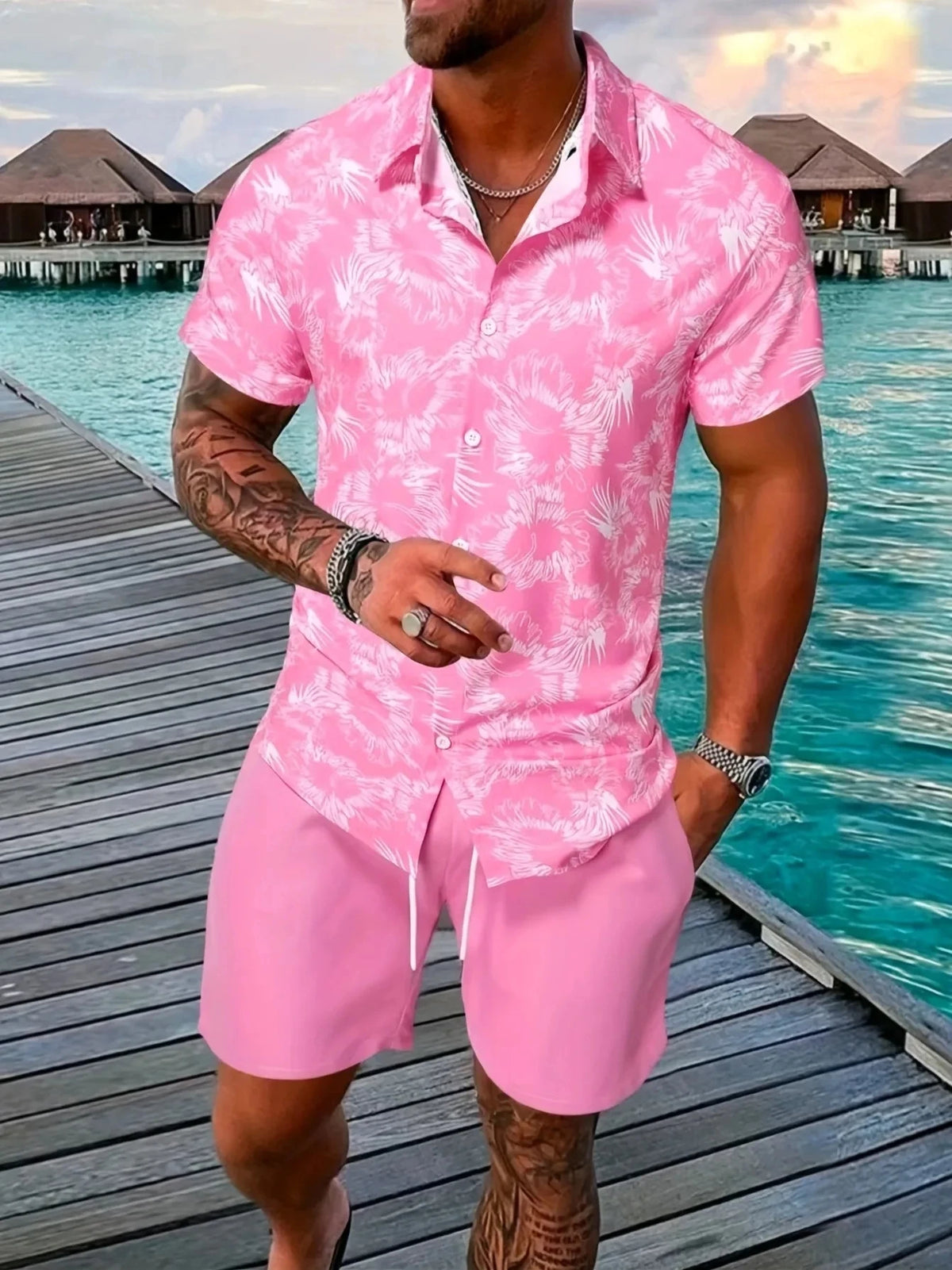 Men's Print Patchwork Lapel Shirt & Beach Shorts Hawaiian Set – Summer Streetwear 2-Piece